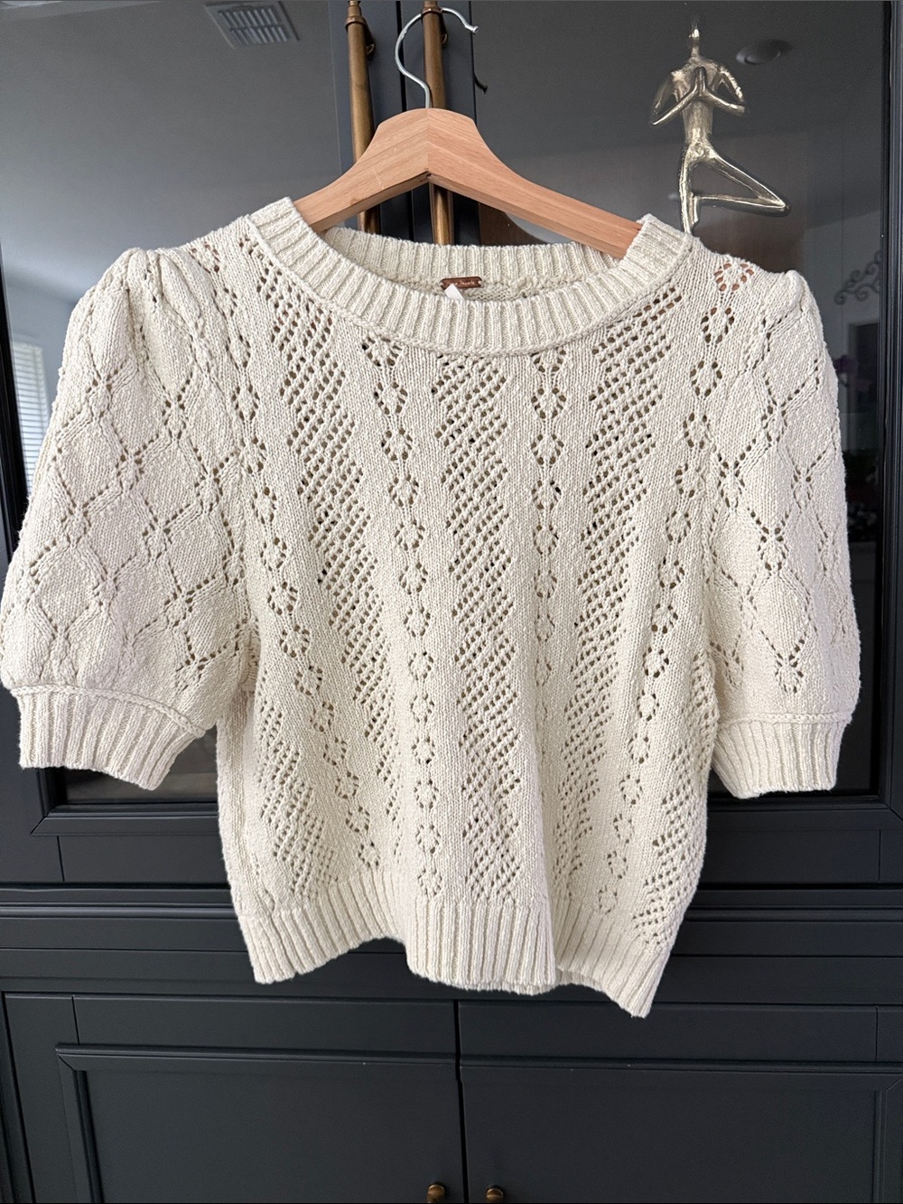 Free People Cream Openwork Knit Short-Sleeve Sweater